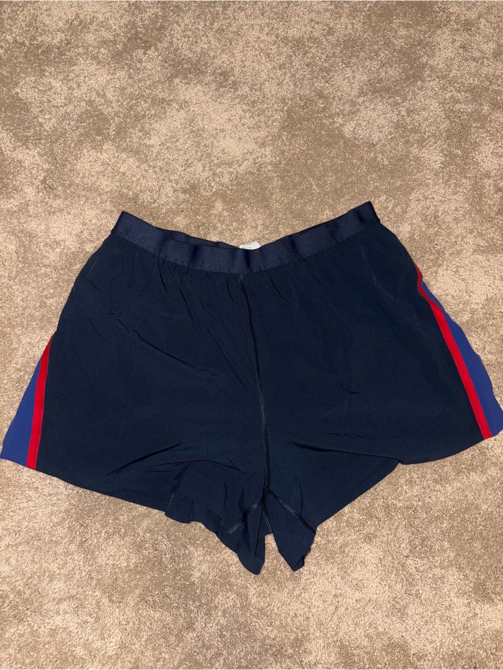 lululemon athletica Navy Athletic Shorts with Red & Blue Side Stripes and slit